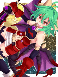 1girl bare_shoulders demon_tail female_focus green_hair looking_at_viewer navel open_mouth pointy_ears red_eyes rukia_moon shinrabanshou short_hair solo sword tail weapon wings yude