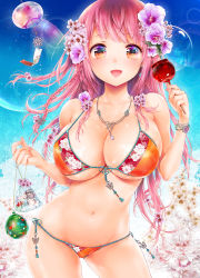 Rule 34 | 1girl, :d, bad id, bad pixiv id, bag, balloon, bikini, blue background, blush, bracelet, braid, breasts, candy apple, cleavage, contrapposto, covered erect nipples, cowboy shot, day, earrings, female focus, fingernails, fish, floral print, flower, food, goldfish, gradient background, gradient eyes, hair flower, hair ornament, hibiscus, holding, holding bag, holding food, jewelry, koshika rina, large breasts, long fingernails, long hair, looking at viewer, multicolored eyes, necklace, open mouth, orange bikini, orange eyes, original, outdoors, pink hair, print bikini, side braid, smile, solo, standing, summer, swimsuit, wind chime