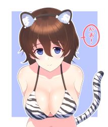 Rule 34 | 1girl, absurdres, akaboshi koume, animal ears, animal print, arms behind back, bikini, blue eyes, blush, border, breasts, brown hair, cleavage, closed mouth, commentary request, fake animal ears, fake tail, girls und panzer, halterneck, highres, iteza (flapper girl 25), large breasts, leaning forward, looking at viewer, navel, outline, outside border, partial commentary, print bikini, short hair, smile, solo, swimsuit, tail, tiger ears, tiger print, tiger tail, translated, upper body, upturned eyes, wavy hair, white bikini, white border, white outline