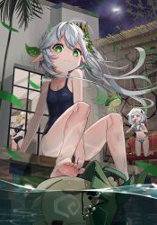 Rule 34 | 3girls, absurdres, aranara (genshin impact), barefoot, bikini, blonde hair, closed mouth, food, genshin impact, green eyes, grey hair, hair between eyes, hair ornament, highres, long hair, lumine (genshin impact), meat, multicolored hair, multiple girls, nahida (genshin impact), navel, paimon (genshin impact), pointy ears, school swimsuit, siopon12, smile, stomach, swimsuit, symbol-shaped pupils, toes, water, white hair