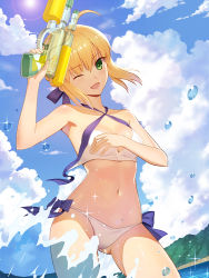 Rule 34 | 1girl, :d, ahoge, arm up, artoria pendragon (all), artoria pendragon (fate), artoria pendragon (swimsuit archer) (fate), artoria pendragon (swimsuit archer) (first ascension) (fate), bare shoulders, bikini, blonde hair, breasts, cleavage, cloud, covering privates, covering breasts, day, eyebrows, fate/grand order, fate/stay night, fate (series), green eyes, hair ribbon, head tilt, holding, looking at viewer, medium breasts, navel, one eye closed, open mouth, outdoors, ribbon, saber (fate), sky, smile, solo, splashing, swimsuit, vmax-ver, wading, wardrobe malfunction, water, water gun, wet, white bikini
