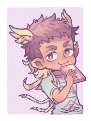 Rule 34 | 1boy, :3, :p, animal ears, bird ears, blue shirt, blush, box, brown hair, clothes writing, dark-skinned male, dark skin, facial hair, gift, gift box, goatee, gradient hair, head tilt, head wings, hermes (housamo), holding, holding gift, hs 640, male focus, multicolored hair, shirt, short hair, solo, tokyo houkago summoners, tongue, tongue out, translation request, upper body, wings