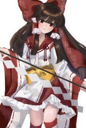 Rule 34 | 1girl, adapted costume, blunt bangs, blush, bow, breasts, brown eyes, brown hair, closed mouth, commentary request, expressionless, eyebrows hidden by hair, feet out of frame, floral print, frilled hair tubes, frills, gohei, hair bow, hair tubes, hakurei reimu, head tilt, highres, holding, holding stick, knees together feet apart, long sleeves, looking at viewer, medium breasts, mensoreimuremu, pigeon-toed, red bow, simple background, solo, stick, touhou, transparent background, two-handed, waist bow, wide sleeves, yellow bow