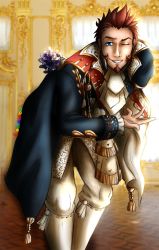 Rule 34 | 1boy, beard, blue eyes, bowing, brown hair, facial hair, fate/grand order, fate (series), flower, formal, highres, ktechnicolour, long sideburns, long sleeves, looking at viewer, male focus, napoleon bonaparte (fate), necktie, one eye closed, pants, smile, solo, standing, uniform
