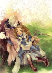 Rule 34 | 1boy, 1girl, against tree, arm grab, book, boots, bow, coat, crutch, drill hair, frills, from above, grass, hetero, hug, leaf, long hair, looking up, open book, original, outdoors, petticoat, reading, ribbon, sitting, smile, tree, very long hair, white legwear