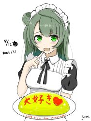 Rule 34 | 1girl, apron, artist name, artist request, black bow, black bowtie, black dress, blush, bow, bowtie, breasts, brown eyes, brown hair, collared dress, dress, female focus, food, frilled apron, frilled dress, frilled shirt collar, frills, green bow, green eyes, grey hair, hair bow, hair rings, highres, holding, holding plate, it&#039;s our miraculous time (love live!), light brown hair, long hair, looking at viewer, love live!, love live! school idol festival, love live! school idol festival all stars, love live! school idol project, maid, maid apron, maid headdress, medium breasts, minami kotori, parted lips, plaid, plaid dress, plate, pleated, pleated dress, pointing, pointing at self, ponytail, puffy short sleeves, puffy sleeves, short sleeves, side ponytail, smile, solo, upper body, white apron, white background, wing collar, worried, yellow eyes