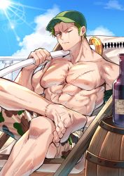 Rule 34 | 1boy, abs, bara, barrel, baseball cap, camouflage, camouflage shorts, feet, feet out of frame, frown, green hair, hat, highres, holding, holding sword, holding weapon, large pectorals, long sideburns, looking at viewer, male focus, male swimwear, muscular, muscular male, nipples, one piece, over shoulder, pectorals, print male swimwear, roronoa zoro, scar, scar across eye, scar on face, short hair, shorts, sideburns, soles, solo, sorase (srsrs 000), sunlight, swim trunks, sword, sword over shoulder, toes, topless male, veins, weapon, weapon over shoulder