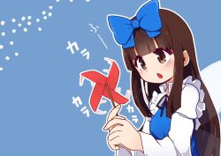 Rule 34 | 1girl, puff of air, blowing, blue background, blue bow, blue dress, blush, bow, brown eyes, brown hair, chestnut mouth, commentary request, dress, fairy wings, fingernails, frilled shirt collar, frills, hair bow, holding pinwheel, kanisawa yuuki, long hair, long sleeves, negative space, open mouth, outline, sidelocks, simple background, solo, sound effects, star sapphire, touhou, upper body, very long hair, white outline, wide sleeves, wings