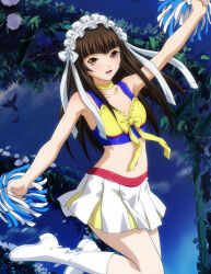 Rule 34 | 1girl, :d, bare arms, blunt bangs, boots, bow, brown eyes, brown hair, cheerleader, choker, collarbone, flat chest, floating hair, hair bow, hair ribbon, ikkitousen, jumping, knee boots, long hair, looking at viewer, midriff, miniskirt, navel, open mouth, pleated skirt, pom pom (cheerleading), ribbon, skirt, smile, solo, stomach, ten&#039;i (ikkitousen), white bow, white footwear, white ribbon, white skirt, yellow choker