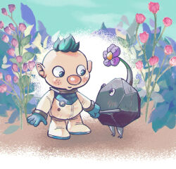 Rule 34 | 1boy, alph (pikmin), asaikaina, big nose, black eyes, black skin, blue eyes, blue gloves, blue hair, blue sky, buttons, closed mouth, cloud, colored skin, commentary request, day, flower, freckles, full body, gloves, highres, holding hands, light blush, looking at another, nintendo, no headwear, no mouth, outdoors, pikmin (creature), pikmin (series), pink flower, purple flower, rock, rock pikmin, shadow, short hair, sky, smile, spacesuit, very short hair