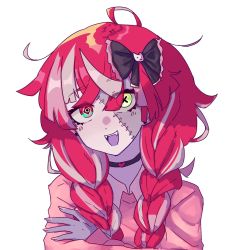 Rule 34 | 1girl, alternate hairstyle, bow, hair bow, heterochromia, highres, hololive, hololive indonesia, idol, jess (p2eocene), kureiji ollie, multicolored hair, open mouth, patchwork skin, red eyes, red hair, solo, stitched face, stitches, virtual youtuber, yellow eyes, zombie