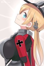 Rule 34 | 1girl, ahenn, aqua eyes, blonde hair, blush, breasts, from side, hair between eyes, hat, kantai collection, large breasts, long hair, long sleeves, low twintails, military, military uniform, peaked cap, prinz eugen (kancolle), smile, solo, twintails, twitter username, uniform, upper body