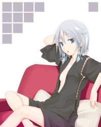 Rule 34 | 1girl, bad id, bad pixiv id, blue eyes, braid, couch, downblouse, female focus, izayoi sakuya, japanese clothes, crossed legs, ogami kazuki, open clothes, open shirt, pillow, shirt, short hair, silver hair, sitting, solo, touhou, twin braids