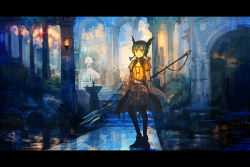 Rule 34 | 2girls, arch, blue hair, chandelier, color contrast, column, hatoya hato, head wings, letterboxed, multiple girls, original, pillar, polearm, short hair, smile, spear, stairs, trident, weapon, white hair, wings