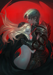 Rule 34 | 1boy, 1girl, armor, back, blonde hair, cape, clothed male nude female, commentary, cradling head, eunyoung jeon, fantasy, full armor, gauntlets, hetero, hug, lips, long hair, naked cape, nose, nude, original, pale skin, plate armor, vampire