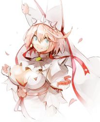 Rule 34 | 1girl, ascot, banpai akira, breasts, cleavage, elphelt valentine, gloves, guilty gear, guilty gear xrd, hair between eyes, large breasts, petals, pink hair, simple background, solo, white background