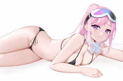 Rule 34 | 1girl, bare arms, bare legs, bikini, black bikini, blue archive, breasts, cleavage, eimi (blue archive), eimi (swimsuit) (blue archive), goggles, goggles on head, kono (xerondan321), large breasts, long hair, looking at viewer, official alternate costume, pink eyes, pink hair, ponytail, simple background, solo, swimsuit, white background