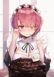 Rule 34 | 1girl, :t, bad id, bad pixiv id, black sleeves, blush, breasts, cake, character name, chocolate cake, cleavage, closed mouth, commentary request, detached sleeves, eating, food, food on face, fork, hair ornament, hair over one eye, hair ribbon, hands up, happy birthday, heart, highres, holding, holding fork, juliet sleeves, long sleeves, maid, medium breasts, puffy sleeves, purple ribbon, ram (re:zero), re:zero kara hajimeru isekai seikatsu, red eyes, red hair, ribbon, solo, suou-sensei, tears, upper body, wavy mouth, x hair ornament