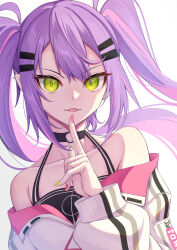 Rule 34 | 1girl, absurdres, aoi zerii, black choker, breasts, choker, green eyes, hair ornament, hairclip, highres, hololive, long hair, long sleeves, looking at viewer, multicolored hair, multicolored nails, o-ring, o-ring choker, open mouth, piercing, pink hair, purple hair, shirt, simple background, small breasts, smile, solo, streaked hair, tokoyami towa, tokoyami towa (1st costume), twintails, upper body, virtual youtuber, white background
