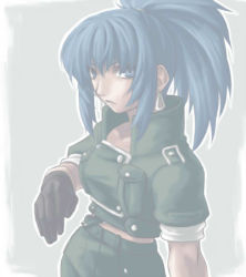 Rule 34 | 1girl, bad id, bad pixiv id, black gloves, blue hair, closed mouth, expressionless, gloves, leona heidern, long hair, looking at viewer, lowres, ponytail, sidelocks, snk, solo, the king of fighters, tsubasatsukinoa, uniform, upper body, very long hair, yokutsuki noa