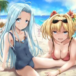 Rule 34 | 10s, 2girls, ahoge, ashfair, beach, bikini, blonde hair, blue eyes, blue hair, blue one-piece swimsuit, blush, breasts, brooch, cleavage, day, eyewear on head, flower, granblue fantasy, hair flower, hair ornament, highres, jewelry, long hair, looking at viewer, lying, lyria (granblue fantasy), mash kyrielight, mash kyrielight (swimsuit of perpetual summer), medium breasts, multiple girls, official alternate costume, on stomach, one-piece swimsuit, outdoors, red bikini, sand, school swimsuit, sitting, small breasts, smile, sunglasses, swimsuit, twintails, waving arms, zeta (granblue fantasy)