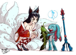 Rule 34 | 1boy, 1girl, ahri (league of legends), animal ears, bare shoulders, black hair, facial mark, fish, fizz (league of legends), fox ears, fox tail, league of legends, long hair, multiple tails, polearm, ranger squirrel, tail, trident, weapon, whisker markings