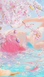Rule 34 | 1girl, blue eyes, blurry, cherry blossoms, collarbone, commentary, day, eyebrows hidden by hair, gradient eyes, hair between eyes, hand up, highres, lips, lium, long hair, looking at viewer, lying, multicolored eyes, on back, original, parted lips, pink eyes, pink hair, sideways, solo, spaghetti strap, sunlight, upper body, water, waves
