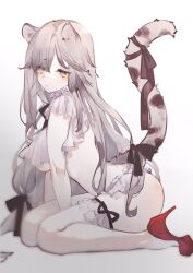 Rule 34 | 1girl, animal ears, bikini, black ribbon, bridal garter, brown ribbon, closed mouth, copyright request, embarrassed, from side, grey hair, hair ribbon, high heels, highres, long hair, looking at viewer, neko (ganecooo), red footwear, ribbon, shoes, simple background, sitting, solo, swimsuit, tail, tail ornament, tail raised, tail ribbon, very long hair, wariza, white background, white bikini, yellow eyes