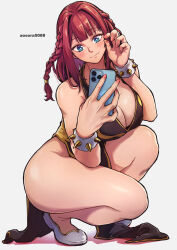 Rule 34 | 1girl, aosora2823, artist name, bare shoulders, black dress, blue eyes, blush, bracelet, braid, breasts, capcom, cellphone, china dress, chinese clothes, chun-li, chun-li (cosplay), cleavage, commission, cosplay, dress, fang, fang out, fingernails, full body, hair intakes, highres, holding, holding phone, huge breasts, jewelry, long hair, looking at phone, nail polish, official alternate costume, original, pelvic curtain, phone, pink nails, red hair, selfie, shoes, side braid, simple background, skeb commission, skin fang, smartphone, smile, solo, spiked bracelet, spikes, squatting, street fighter, street fighter v, thick thighs, thighs, white background, white footwear