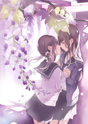 Rule 34 | 2girls, bad id, bad pixiv id, black neckwear, black sailor collar, black skirt, blush, brown hair, cardigan, commentary request, facing another, flower, grey eyes, hair flower, hair ornament, holding hands, imminent kiss, interlocked fingers, long hair, long sleeves, looking at another, low twintails, millcutto, multiple girls, open cardigan, open clothes, original, parted lips, pleated skirt, purple cardigan, purple flower, sailor collar, school uniform, serafuku, shirt, skirt, sleeves past wrists, twintails, white cardigan, white flower, white shirt, yuri