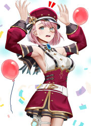 Rule 34 | 1girl, absurdres, anoreika tomoe, armpits, arms up, balloon, bare shoulders, belt, blue eyes, breasts, brooch, cabbie hat, charlotte (genshin impact), commentary, confetti, cowboy shot, detached sleeves, genshin impact, hat, high-waist skirt, highres, jewelry, long sleeves, looking at viewer, medium breasts, open mouth, pink hair, red hat, red skirt, shirt, short hair, sideboob, skirt, sleeveless, sleeveless shirt, solo, standing, suspenders, white belt, white shirt