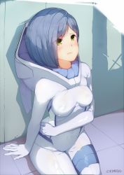Rule 34 | 1girl, artist name, asymmetrical breasts, blue bodysuit, blue hair, bodysuit, breasts, closed mouth, commentary, darling in the franxx, english commentary, eyes visible through hair, from above, green eyes, hair ornament, heart, highres, ichigo (darling in the franxx), kimoshi, looking up, medium breasts, multicolored bodysuit, multicolored clothes, on ground, short hair, sitting, solo, white bodysuit