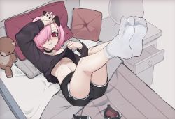 Rule 34 | 1girl, arm up, bed, bed sheet, black choker, black nails, black shorts, blush, bow, breasts, choker, clothes lift, commentary, english commentary, feet, feet up, foot focus, full body, hair bow, hair over one eye, hand up, highres, k-rha&#039;s, legs, lifted by self, lying, medium breasts, medium hair, nail polish, no shoes, on back, original, parted bangs, pillow, pink hair, red eyes, shirt lift, shoes, unworn shoes, shorts, smell, sneakers, socks, soles, solo, stuffed animal, stuffed toy, sweatdrop, teddy bear, thighs, toes, underboob, violett (k-rha), white socks