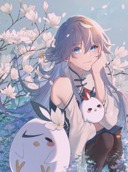Rule 34 | 1girl, animal, bare shoulders, bird, black thighhighs, chicken, chinese clothes, closed mouth, flower, fu hua, fu hua (azure empyrea), hair between eyes, hair ornament, hand on own cheek, hand on own face, holding, holding animal, honkai (series), honkai impact 3rd, long hair, long sleeves, looking at viewer, smile, solo, thighhighs, tuuuze, white flower