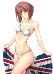 Rule 34 | 1girl, ark royal (kancolle), bare arms, bare shoulders, bikini, blue eyes, blunt bangs, blush, bob cut, breasts, cleavage, closed eyes, closed mouth, collarbone, cowboy shot, flag, hairband, head tilt, holding, holding flag, kantai collection, kuurunaitsu, light frown, looking at viewer, medium breasts, navel, red hair, short hair, simple background, solo, standing, stomach, swimsuit, thighs, two-handed, union jack, white background, white bikini