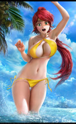 Rule 34 | 1girl, aleskaart, arm up, armpits, beach, bikini, blue sky, breasts, cameltoe, cleavage, cloud, forehead protector, green eyes, groin, highres, jewelry, large breasts, looking at viewer, navel, ocean, open mouth, partially submerged, pyrrha nikos, red hair, rwby, sky, solo, splashing, swimsuit, thighs, untied bikini, wardrobe malfunction, water, waving, wet, yellow bikini