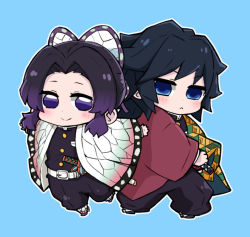 Rule 34 | 1boy, 1girl, black hair, black jacket, black pants, blue background, blue eyes, blush, butterfly hair ornament, chibi, closed mouth, commentary request, fighting stance, forehead, gradient hair, hair ornament, jacket, katana, kimetsu no yaiba, kochou shinobu, long hair, long sleeves, looking at viewer, multicolored hair, nozo (hitomiz), open clothes, pants, parted bangs, puffy pants, purple eyes, purple hair, ready to draw, sheath, sheathed, simple background, smile, sword, tomioka giyuu, weapon, wide sleeves
