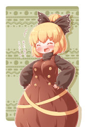 Rule 34 | +++, 1girl, ^ ^, arinu, black bow, blonde hair, blush, bow, brown dress, buttons, closed eyes, commentary request, cowboy shot, dress, hair bow, hair bun, hands on own hips, highres, kurodani yamame, long sleeves, open mouth, partial commentary, puffy long sleeves, puffy sleeves, ribbon, short hair, single hair bun, solo, touhou, turtleneck, wide sleeves