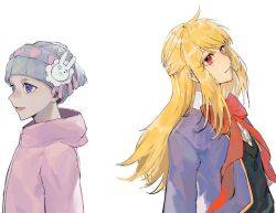Rule 34 | 2girls, absurdres, beanie, black vest, blonde hair, blue eyes, blue jacket, bow, bowtie, collared shirt, cropped jacket, crying, crying with eyes open, dress shirt, hat, highres, hood, hooded jacket, hoshino ruby, jacket, long hair, long sleeves, mismatched pupils, multiple girls, open clothes, open jacket, open mouth, oshi no ko, parted lips, pink eyes, pink jacket, plum (redlittleplum1), rabbit ornament, red bow, red bowtie, reincarnation, school uniform, shirt, sidelocks, simple background, star-shaped pupils, star (symbol), streaming tears, symbol-shaped pupils, tears, tendouji sarina, upper body, vest, white background, white shirt, youtou high school uniform