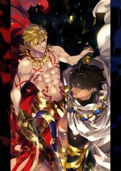 Rule 34 | 2boys, black hair, blonde hair, cape, ea (fate/stay night), fate/grand order, fate/prototype, fate/prototype: fragments of blue and silver, fate/stay night, fate (series), gilgamesh (fate), holding hands, highres, interlocked fingers, male focus, multiple boys, ozymandias (fate), pvc parfait, red eyes, weapon, yellow eyes