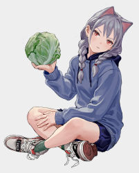Rule 34 | 1girl, animal ears, arm up, arms between legs, artist name, blue jacket, blue skirt, blush, braid, brown eyes, cabbage, cat ears, closed mouth, commentary, drawstring, extra ears, feiqizi (fkey), fkey, food, full body, green socks, grey hair, hair over shoulder, highres, holding, holding food, holding vegetable, hood, hooded jacket, indian style, jacket, long hair, long sleeves, looking at viewer, low twin braids, original, shoes, sitting, skirt, sneakers, socks, solo, twin braids, vegetable