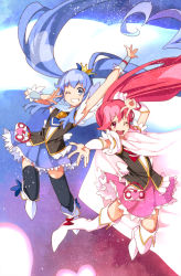 Rule 34 | 10s, 2girls, aino megumi, blue skirt, boots, brooch, cape, crown, cure lovely, cure princess, earrings, happinesscharge precure!, heart, heart brooch, highres, jewelry, multiple girls, open \m/, peace symbol, ponytail, precure, ribbon, shirayuki hime, skirt, sky, star (sky), starry sky, thighhighs, twintails, ushiki yoshitaka, v, wide ponytail, zettai ryouiki