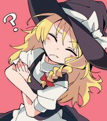Rule 34 | 1girl, ?, apron, black hat, black skirt, black vest, blonde hair, blush, bow, braid, closed eyes, closed mouth, commentary request, cookie (touhou), crossed arms, flat chest, hair bow, hat, hat bow, ixy, kirisame marisa, long hair, raised eyebrow, red background, red bow, shirt, simple background, single braid, skirt, solo, suzu (cookie), touhou, turtleneck, upper body, vest, waist apron, white apron, white bow, white shirt, witch hat