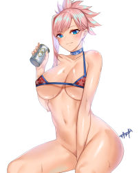 Rule 34 | 1girl, between legs, bikini, bikini top only, blue eyes, bottomless, breasts, choker, cleavage, commentary request, drink, fate/grand order, fate (series), hair ornament, hand between legs, highres, holding, holding drink, kisaragi tsurugi, large breasts, miyamoto musashi (fate), navel, pink hair, shiny skin, smile, solo, sweat, swimsuit, white background