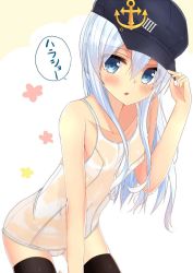 Rule 34 | 10s, 1girl, anchor symbol, blue eyes, blush, collarbone, covered navel, flat cap, flat chest, hat, hibiki (kancolle), kantai collection, long hair, looking at viewer, open mouth, rouka (akatyann), see-through, silver hair, solo, swimsuit, thighhighs, wet, wet clothes, wet swimsuit