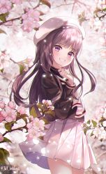 Rule 34 | 1girl, 364 holidays, absurdres, bad id, bad pixiv id, beret, black shirt, blurry, blurry background, blush, branch, cardcaptor sakura, cherry blossoms, commentary request, daidouji tomoyo, depth of field, flower, grin, hand up, hat, highres, long sleeves, looking at viewer, pink flower, pleated skirt, purple eyes, school uniform, shirt, skirt, smile, solo, spring (season), twitter username, white hat, white skirt