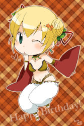 Rule 34 | 1girl, bikini, blonde hair, blowing kiss, blush, borrowed character, breasts, commentary request, dated, detached sleeves, double bun, flower, full body, gem, green eyes, gypsy (ragnarok online), hair between eyes, hair bun, hair flower, hair ornament, hair ribbon, happy birthday, heart, jewelry, kano (coyotehunt), looking at viewer, lowres, navel, necklace, one eye closed, open mouth, orange background, orange flower, pants, plaid, plaid background, ragnarok online, red ribbon, red sleeves, ribbon, sandals, short hair, small breasts, solo, strapless, strapless bikini, swimsuit, white pants, yellow bikini