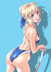 Rule 34 | 1girl, ahoge, arched back, artoria pendragon (all), artoria pendragon (fate), ass, blonde hair, blue background, blue one-piece swimsuit, blush, bow, breasts, competition swimsuit, fate/stay night, fate (series), fingernails, from behind, green eyes, hair bow, highres, leaning on object, medium breasts, nenchi, one-piece swimsuit, open mouth, saber (fate), shiny clothes, simple background, smile, solo, swimsuit, sword, teeth, weapon