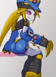 Rule 34 | 1girl, android, ass, ass focus, black sclera, blonde hair, breasts, claws, colored sclera, colored skin, female focus, from behind, grey background, grin, hat, joints, kotetsu senki c21, looking back, parasector asis, pink eyes, robot, robot joints, sharp teeth, simple background, sitting, slit pupils, smile, solo, t-t u2, teeth, twintails