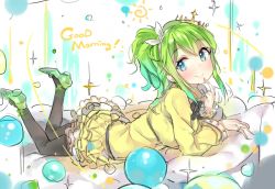 Rule 34 | 1girl, bad id, bad twitter id, black pantyhose, blue eyes, blush, english text, finger to mouth, green hair, jewelry, lying, on side, pantyhose, ponytail, ring, skirt, smile, solo, sun, yuran